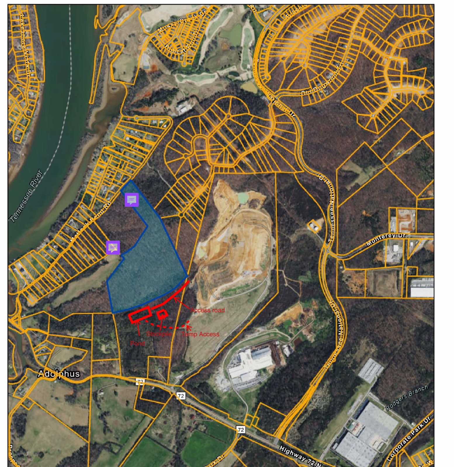 Loudon County assessor parcel map of the Matlock Bend landfill. The bare, terraced landfill working face sits at centre, bounded on the west by the Tennessee River and ringed on the north and east by dense residential lot lines.